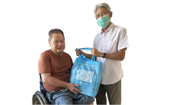 old people photo with goodie bag